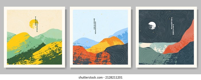 Ilustración vectorial. Resumen de la colección de fondo de paisaje. Patrón de línea dibujada a mano. Escena de la naturaleza. Arte vintage. Elementos de diseño para plantilla de medios sociales, banner web. Colorido pincel de pincel.