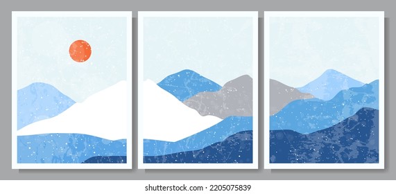 Vector illustration. Abstract landscape background. Ink brush stroke drawing. Vintage retro art style. Design elements for poster, cover, magazine, postcard. Blue, white color. Winter cold snow season