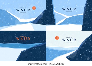 Vector illustration. Abstract landscape background. Blue, white color. Winter snowy season. Cold weather. Minimalist flay geometric wallpapers set. Design for website, web banner. Hills and mountains