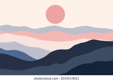 Vector illustration of abstract landscape. Abstract colorful mountains against a red sun in a flat style for background.	