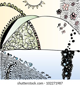 A vector illustration of an abstract landscape drawing.