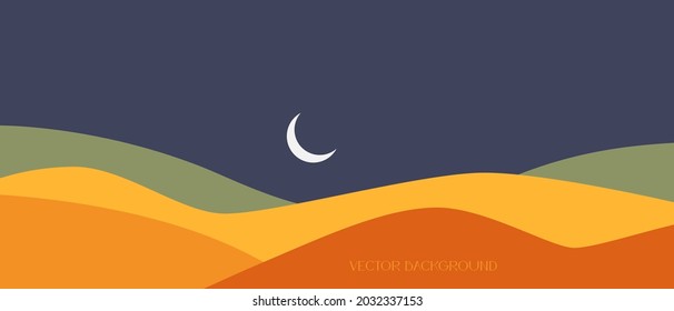 Vector illustration of an abstract landscape. Hills and moon. Colorful background with copy space for text. Layout for social networks, banners, posters. Design of wall art, covers