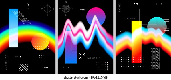 Vector illustration. Abstract landscape liquid colorful shapes collection isolated on black geometric background. Modern art. Design elements for poster, book cover, brochure, magazine, flyer, booklet