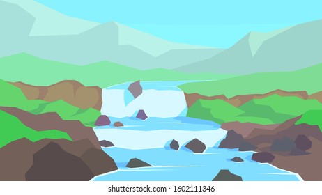 vector illustration abstract landscape mountain rocks clear sky river waterfall
