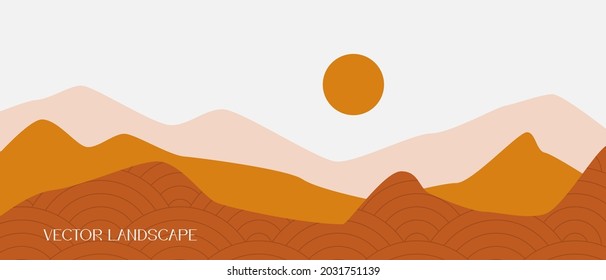 Vector illustration of an abstract landscape. Mountains and sun. Colorful background with copy space for text. Layout for social networks, banners, posters. Design of wall art, covers