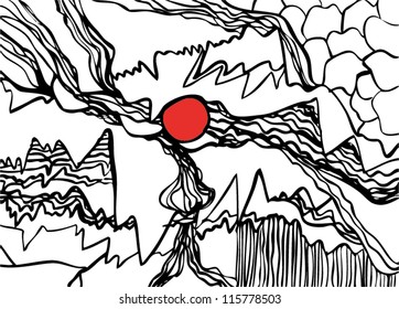Vector illustration of an abstract landscape nature sun drawing.