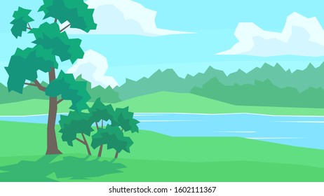 vector illustration abstract landscape river forest cloudy sky tree bush