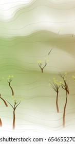 Vector illustration of an abstract landscape with schematically depicted trees.
