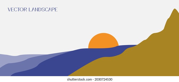 Ilustración vectorial de un paisaje abstracto. Mar, montaña y puesta de sol. Fondo colorido con espacio de copia para texto. Diseño para redes sociales, carteles, afiches. Diseño de obras de arte mural, cubiertas