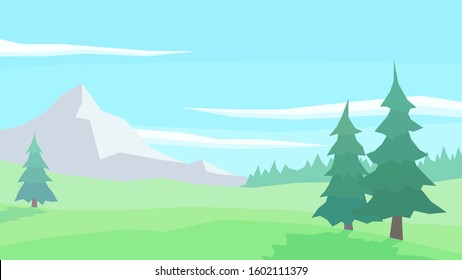 vector illustration abstract landscape spruce forest clouds pick mountain plain