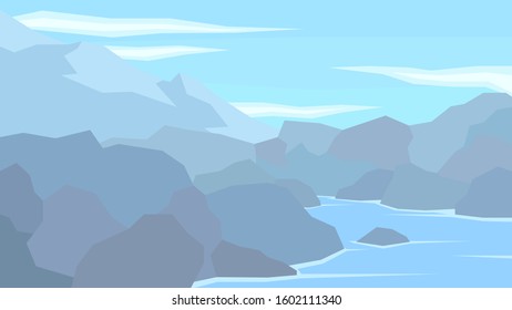 vector illustration abstract landscape stones rocks river clouds mountain pick