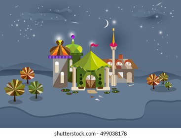 Vector illustration with abstract landscape: toy castle against the night sky