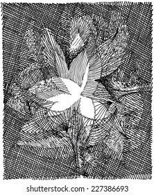 Vector illustration of abstract leaf drawing. Hand drawn with dots, stripes and lines.