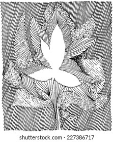 Vector illustration of abstract leaf drawing. Hand drawn with dots, stripes and lines.