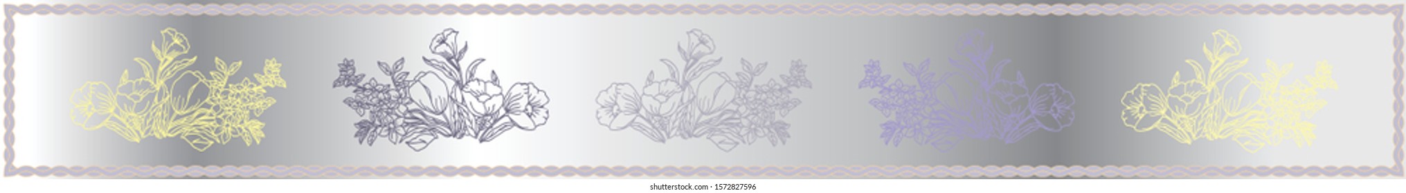Vector illustration of abstract leaves, flowers, petunias, poppies, roses and daisies in lilac, yellow, grey and cream. Designed for banner, frame, fabric, home decor. Limited colour horizontal border