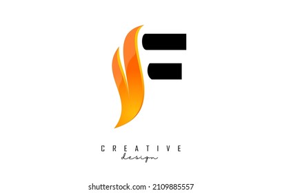 Vector illustration of abstract letter F with fire flames and Orange Swoosh design. Letter F logo with creative cut and shape.