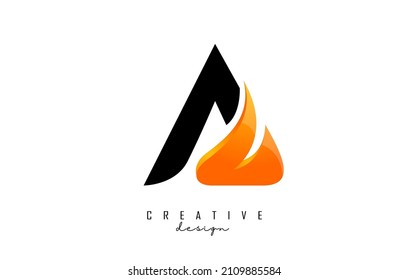 Vector illustration of abstract letter A with fire flames and Orange Swoosh design. Letter A logo with creative cut and shape.