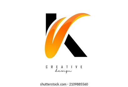 Vector illustration of abstract letter K with fire flames and Orange Swoosh design. Letter K logo with creative cut and shape.