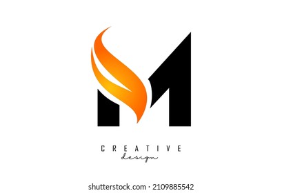 Vector illustration of abstract letter M with fire flames and Orange Swoosh design. Letter M logo with creative cut and shape.