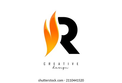 Vector illustration of abstract letter R with fire flames and Orange Swoosh design. Letter P logo with creative cut and shape.