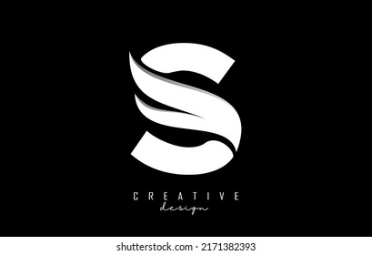 Vector illustration of abstract letter S with white leaf, eco, natural design. Letter S logo with creative cut and shape.