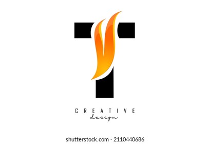 Vector illustration of abstract letter T with fire flames and Orange Swoosh design. Letter T logo with creative cut and shape.