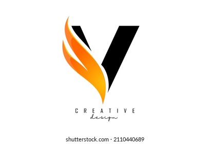 Vector illustration of abstract letter V with fire flames and Orange Swoosh design. Letter V logo with creative cut and shape.