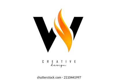 Vector illustration of abstract letter W with fire flames and Orange Swoosh design. Letter W logo with creative cut and shape.