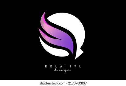 Ilustración vectorial de la letra abstracta Q blanca con hoja rosa, eco, diseño natural. Letra A logo con forma y corte creativo.