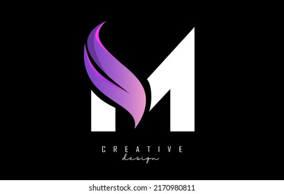 Ilustración vectorial de letra abstracta M blanca con hoja rosa, eco, diseño natural. Logo de la letra M con forma y corte creativos.