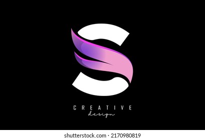 Ilustración vectorial de la letra abstracta S blanca con hoja rosa, eco, diseño natural. Logo de la letra S con forma y corte creativos.
