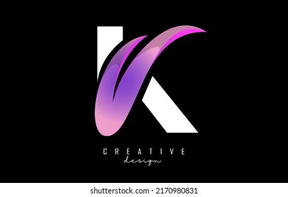 Ilustración vectorial de la letra abstracta K blanca con hoja rosa, eco, diseño natural. Logo de la letra K con forma y corte creativos.