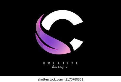 Vector illustration of abstract letter white C with pink leaf, eco, natural design. Letter C logo with creative cut and shape.