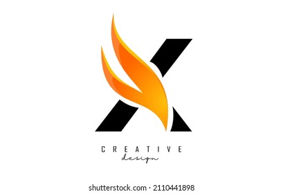 Vector illustration of abstract letter X with fire flames and Orange Swoosh design. Letter X logo with creative cut and shape.