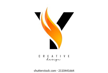 Vector illustration of abstract letter Y with fire flames and Orange Swoosh design. Letter Y logo with creative cut and shape.