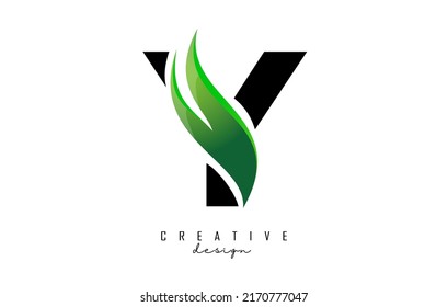 Ilustración vectorial de la letra abstracta Y con hoja, eco, diseño natural. Logo de la letra Y con forma y corte creativos.