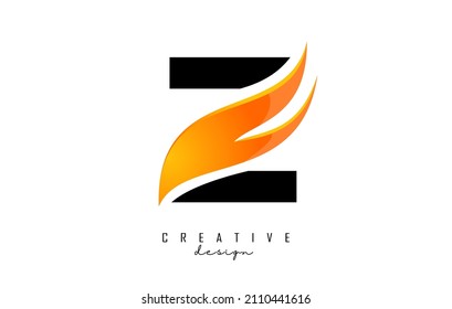 Vector illustration of abstract letter Z with fire flames and Orange Swoosh design. Letter Z logo with creative cut and shape.