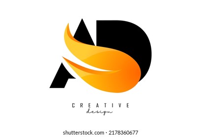 Vector illustration of abstract letters AD a d with fire flames and Orange Swoosh design. Letters with creative cut and shape.