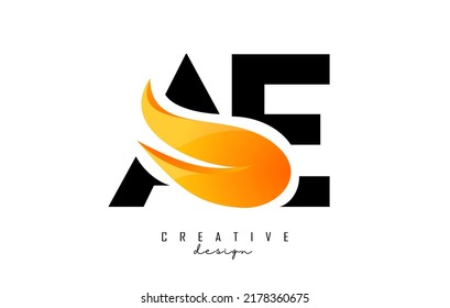Vector illustration of abstract letters AE a e with fire flames and Orange Swoosh design. Letters with creative cut and shape.