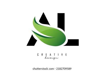 Vector illustration of abstract letters AL a l with leaf, eco, natural design. Letter logo with creative cut and shape.