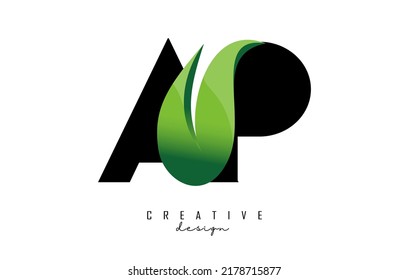 Ilustración vectorial de letras abstractas AP a p con hoja, eco, diseño natural. Logo de la carta con forma y corte creativos.