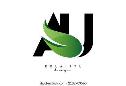Ilustración vectorial de letras abstractas AU a u con hoja, eco, diseño natural. Logo de la carta con forma y corte creativos.
