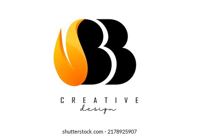 Vector illustration of abstract letters BB b with fire flames and orange owoosh design. Letters logo with creative cut and shape.