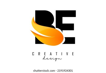 Ilustración vectorial de letras abstractas BE b e con llamas de fuego y diseño de hueso naranja. Logo de las letras con forma y corte creativos.