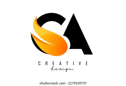 Vector illustration of abstract letters CA c a with fire flames and orange owoosh design. Letters logo with creative cut and shape.