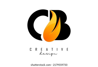 Ilustración vectorial de letras abstractas CB c b con llamas de fuego y diseño de hueso naranja. Logo de las letras con forma y corte creativos.
