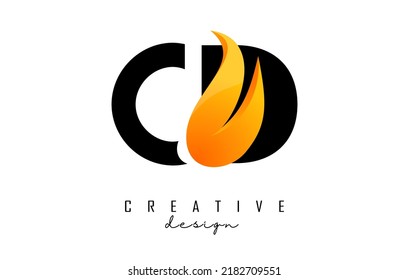 Vector illustration of abstract letters CD c d with fire flames and orange owoosh design. Letters logo with creative cut and shape.