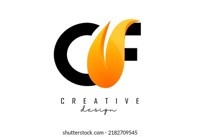 Ilustración vectorial de letras abstractas CF c f con llamas de fuego y diseño de hueso naranja. Logo de las letras con forma y corte creativos.