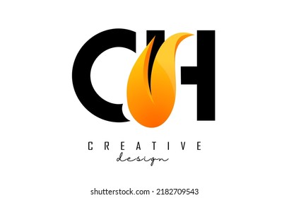 Vector illustration of abstract letters CH c h with fire flames and orange owoosh design. Letters logo with creative cut and shape.