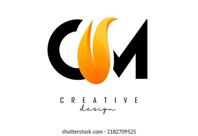 Vektorgrafik abstrakter Buchstaben CM c M mit Feuer und orangefarbenem Owoosh. Logo mit kreativem Schnitt und Form.